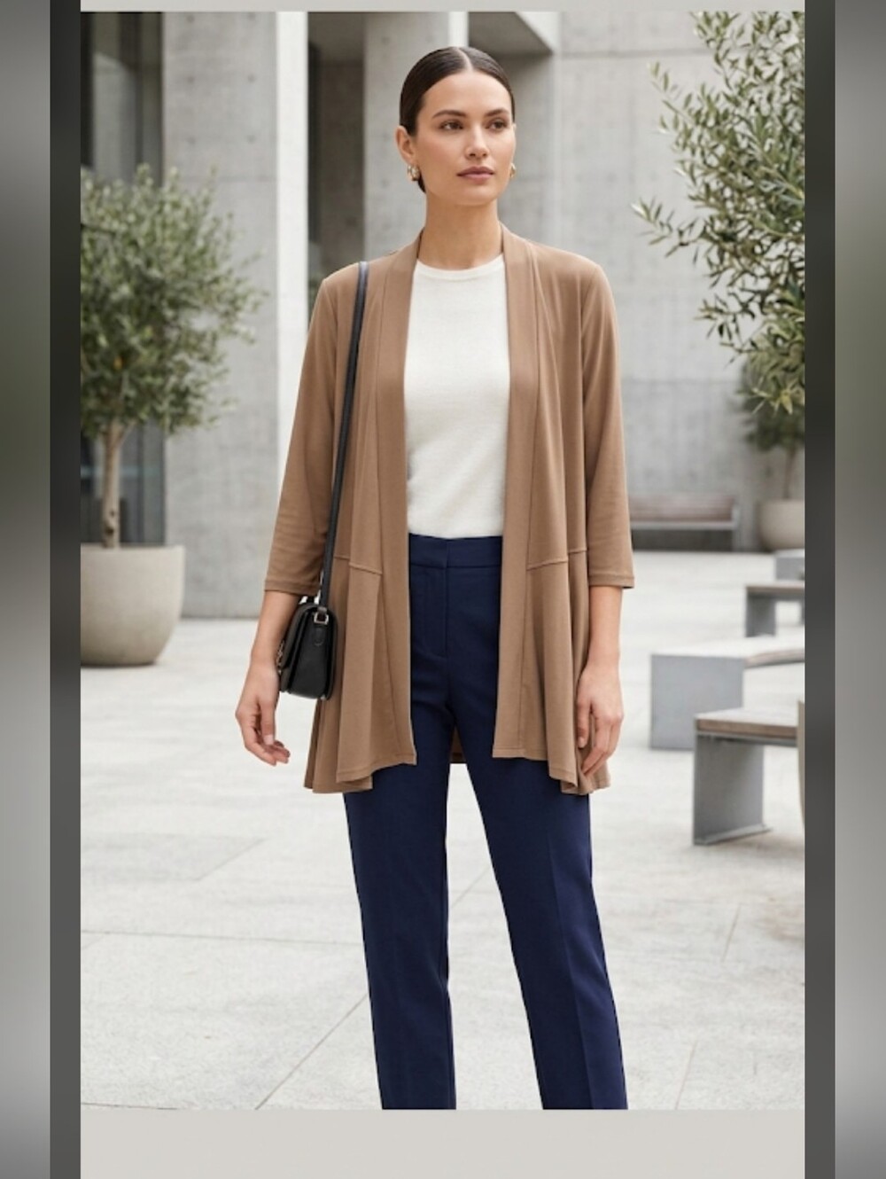 Susan Graver Liquid Knit Cardigan Sweater M Light Brown City Minimalist #8100